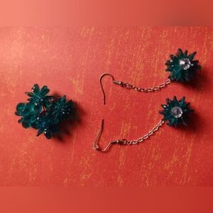 Elegant Teal Floral Earrings With A Brooch